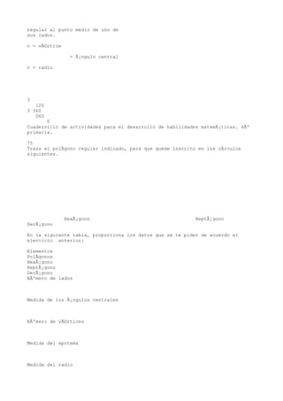 regular al punto medio de uno de
sus lados.

v = vÃ©rtice

                 = Ã¡ngulo central

r = radio




3
   120
3 360
   060
       0
Cuadernillo de actividades para el desarrollo de habilidades matemÃ¡ticas. 6Âº
primaria.

75
Traza el polÃgono regular indicado, para que quede inscrito en los cÃrculos
siguientes.




               HexÃ¡gono                                   HeptÃ¡gono
DecÃ¡gono

En la siguiente tabla, proporciona los datos que se te piden de acuerdo al
ejercicio anterior:

Elementos
PolÃgonos
HexÃ¡gono
HeptÃ¡gono
DecÃ¡gono
NÃºmero de lados



Medida de los Ã¡ngulos centrales



NÃºmero de vÃ©rtices



Medida del apotema



Medida del radio
 