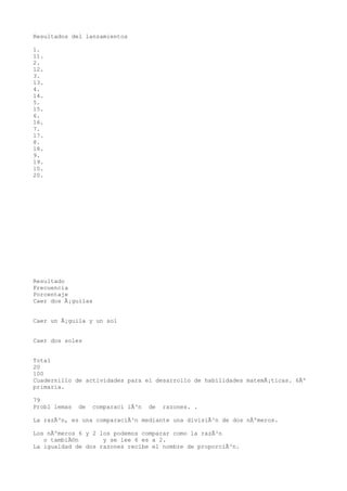 Resultados del lanzamientos

1.
11.
2.
12.
3.
13.
4.
14.
5.
15.
6.
16.
7.
17.
8.
18.
9.
19.
10.
20.




Resultado
Frecuencia
Porcentaje
Caer dos Ã¡guilas


Caer un Ã¡guila y un sol


Caer dos soles


Total
20
100
Cuadernillo de actividades para el desarrollo de habilidades matemÃ¡ticas. 6Âº
primaria.

79
Probl lemas   de   comparaci iÃ³n   de   razones. .

La razÃ³n, es una comparaciÃ³n mediante una divisiÃ³n de dos nÃºmeros.

Los nÃºmeros 6 y 2 los podemos comparar como la razÃ³n
   o tambiÃ©n       y se lee 6 es a 2.
La igualdad de dos razones recibe el nombre de proporciÃ³n.
 