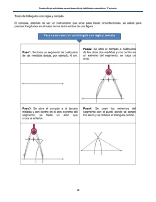 Cuadernillo de actividades para el desarrollo de habilidades matemáticas. 5º primaria.
18
TTrraazzoo ddee ttrriiáánngguullooss ccoonn rreeggllaa yy ccoommppááss..
El compás, además de ser un instrumento que sirve para trazar circunferencias, se utiliza para
precisar longitudes en el trazo de los lados rectos de una figura.
Paso1. Se traza un segmento de cualquiera
de las medidas dadas, por ejemplo, 6 cm.
Paso2. Se abre el compás a cualquiera
de las otras dos medidas y con centro en
un extremo del segmento, se traza un
arco.
Paso3. Se abre el compás a la tercera
medida y con centro en el otro extremo del
segmento, se traza un arco que
cruce al anterior.
Paso4. Se unen los extremos del
segmento con el punto donde se cortan
los arcos y se obtiene el triángulo pedido.
 