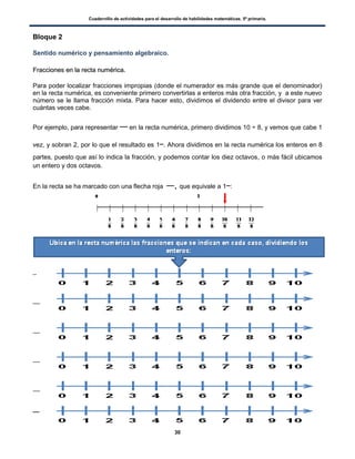 Cuadernillo de actividades para el desarrollo de habilidades matemáticas. 5º primaria.
30
Bloque 2
Sentido numérico y pensamiento algebraico.
FFrraacccciioonneess eenn llaa rreeccttaa nnuumméérriiccaa..
Para poder localizar fracciones impropias (donde el numerador es más grande que el denominador)
en la recta numérica, es conveniente primero convertirlas a enteros más otra fracción, y a este nuevo
número se le llama fracción mixta. Para hacer esto, dividimos el dividendo entre el divisor para ver
cuántas veces cabe.
Por ejemplo, para representar en la recta numérica, primero dividimos 10 ÷ 8, y vemos que cabe 1
vez, y sobran 2, por lo que el resultado es 1 . Ahora dividimos en la recta numérica los enteros en 8
partes, puesto que así lo indica la fracción, y podemos contar los diez octavos, o más fácil ubicamos
un entero y dos octavos.
En la recta se ha marcado con una flecha roja , que equivale a 1 :
 