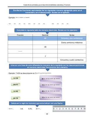 Cuadernillo de actividades para el desarrollo de habilidades matemáticas. 5º primaria.
34
Ejemplo: = =
Fracción Decimal Se lee
.82 Ochenta y dos centésimos
Ciento veinticinco milésimos
.08
.7
Cincuenta y cuatro centésimos
Ejemplo: 7.432 se descompone en 7 + + +
1 , 3.4, 4.75, 5 ,
26 + + +
13 + + +
26 + + +
13 + + +
13.728
13.782
26.073
26.730
 