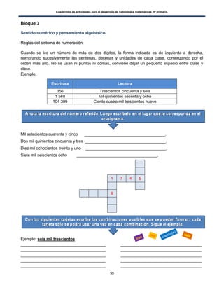 Cuadernillo de actividades para el desarrollo de habilidades matemáticas. 5º primaria.
55
Bloque 3
Sentido numérico y pensamiento algebraico.
RReeggllaass ddeell ssiisstteemmaa ddee nnuummeerraacciióónn..
Cuando se lee un número de más de dos dígitos, la forma indicada es de izquierda a derecha,
nombrando sucesivamente las centenas, decenas y unidades de cada clase, comenzando por el
orden más alto. No se usan ni puntos ni comas, conviene dejar un pequeño espacio entre clase y
clase.
Ejemplo:
Mil setecientos cuarenta y cinco ____________________________________.
Dos mil quinientos cincuenta y tres ____________________________________.
Diez mil ochocientos treinta y uno ____________________________________.
Siete mil seiscientos ocho ____________________________________.
Ejemplo: seis mil trescientos
______________________________________ ____________________________________
______________________________________ ____________________________________
______________________________________ ____________________________________
______________________________________ ____________________________________
______________________________________ ____________________________________
Escritura Lectura
356 Trescientos cincuenta y seis
1 568 Mil quinientos sesenta y ocho
104 309 Ciento cuatro mil trescientos nueve
1 7 4 5
8
 