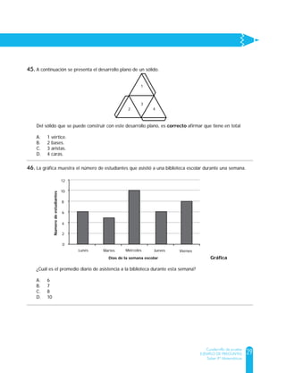 29
Cuadernillo de prueba
EJEMPLO DE PREGUNTAS
Saber 9º Matemáticas
A continuación se presenta el desarrollo plano de un sólido.
Del sólido que se puede construir con este desarrollo plano, es correcto afirmar que tiene en total
A. 1 vértice.
B. 2 bases.
C. 3 aristas.
D. 4 caras.
1
3
42
La gráfica muestra el número de estudiantes que asistió a una biblioteca escolar durante una semana.
¿Cuál es el promedio diario de asistencia a la biblioteca durante esta semana?
A. 6
B. 7
C. 8
D. 10
Gráfica
0
2
4
6
8
10
12
Lunes Martes Miércoles Jueves Viernes
Días de la semana escolar
Númerodeestudiantes
45.
46.
 