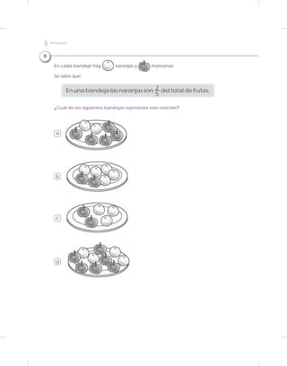 a
b
c
d
En una bandeja las naranjas son 2
5
del total de frutas.
Se sabe que:
En cada bandeja hay naranjas y manzanas.
¿Cuál de las siguientes bandejas representa esta relación?
6
6 Kitdeevaluación
 