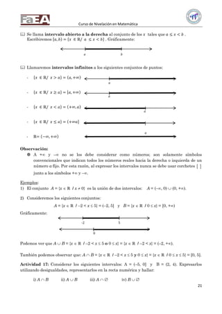 Curso de Nivelación en Matemática
21
 Se llama intervalo abierto a la derecha al conjunto de los 𝑥 tales que 𝑎 ≤ 𝑥 < 𝑏 .
Escribiremos 𝑎, 𝑏 = 𝑥 ∈ ℝ/ 𝑎 ≤ 𝑥 < 𝑏 . Gráficamente:
 Llamaremos intervalos infinitos a los siguientes conjuntos de puntos:
- 𝑥 ∈ ℝ/ 𝑥 > 𝑎 = 𝑎, +∞
- 𝑥 ∈ ℝ/ 𝑥 ≥ 𝑎 = 𝑎, +∞
- 𝑥 ∈ ℝ/ 𝑥 < 𝑎 = +∞, 𝑎
- 𝑥 ∈ ℝ/ 𝑥 ≤ 𝑎 = +∞ 𝑎
- ℝ= −∞, +∞
Observación:
 A + y – no se los debe considerar como números; son solamente símbolos
convencionales que indican todos los números reales hacia la derecha o izquierda de un
número a fijo. Por esta razón, al expresar los intervalos nunca se debe usar corchetes  
junto a los símbolos + y –.
Ejemplos:
1) El conjunto A = {x  ℝ / x  0} es la unión de dos intervalos: A = (–, 0)  (0, +).
2) Consideremos los siguientes conjuntos:
A = {x  ℝ / –2 < x  5} = (–2, 5] y B = {x  ℝ / 0  x} = [0, +)
Gráficamente:
Podemos ver que A  B = {x  ℝ / –2 < x  5 o 0  x} = {x  ℝ / –2 < x} = (–2, +).
También podemos observar que: A  B = {x  ℝ / –2 < x  5 y 0  x} = {x  ℝ / 0  x  5} = [0, 5].
Actividad 17: Considerar los siguientes intervalos: A = (–5, 0] y B = (2, 4). Expresarlos
utilizando desigualdades, representarlos en la recta numérica y hallar:
i) A  B ii) A  B iii) A   iv) B  
]
(
a
[
a
)
a
a
[ )
a b
( ]
[
0
-2 5
 