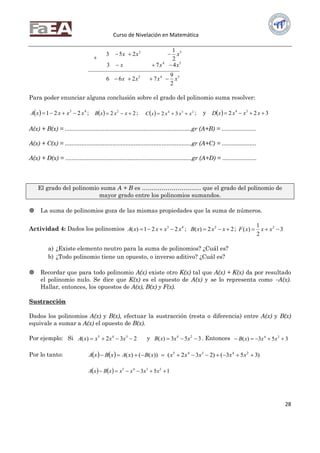 Curso de Nivelación en Matemática
28
542
54
52
2
9
7266
473
2
1
253
xxxx
xxx
xxx




Para poder enunciar alguna conclusión sobre el grado del polinomio suma resolver:
  43
221 xxxxA  ;   22 2
 xxxB ;   234
32 xxxxC  ; y   322 34
 xxxxD
A(x) + B(x) = .............................................................................gr (A+B) = .....................
A(x) + C(x) = .............................................................................gr (A+C) = .....................
A(x) + D(x) = .............................................................................gr (A+D) = .....................
El grado del polinomio suma A + B es ………………………… que el grado del polinomio de
mayor grado entre los polinomios sumandos.
 La suma de polinomios goza de las mismas propiedades que la suma de números.
Actividad 4: Dados los polinomios 43
221)( xxxxA  ; 22)( 2
 xxxB ; 3
2
1
)( 2
 xxxF
a) ¿Existe elemento neutro para la suma de polinomios? ¿Cuál es?
b) ¿Todo polinomio tiene un opuesto, o inverso aditivo? ¿Cuál es?
 Recordar que para todo polinomio A(x) existe otro K(x) tal que A(x) + K(x) da por resultado
el polinomio nulo. Se dice que K(x) es el opuesto de A(x) y se lo representa como A(x).
Hallar, entonces, los opuestos de A(x), B(x) y F(x).
SSuussttrraacccciióónn
Dados los polinomios A(x) y B(x), efectuar la sustracción (resta o diferencia) entre A(x) y B(x)
equivale a sumar a A(x) el opuesto de B(x).
Por ejemplo: Si 232)( 345
 xxxxA y 353)( 24
 xxxB . Entonces 353)( 24
 xxxB
Por lo tanto:     )353()232())(()( 24345
 xxxxxxBxAxBxA
    153 2345
 xxxxxBxA
 