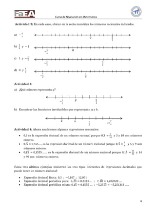Curso de Nivelación en Matemática
6
Actividad 2: En cada caso, ubicar en la recta numérica los números racionales indicados.
a) −
4
3
b)
3
8
𝑦 − 1
c) 1 𝑦 −
1
3
d) 0 y
1
2
Actividad 3:
a) ¿Qué número representa p?
b) Encontrar las fracciones irreducibles que representan a y b.
Actividad 4: Ahora analicemos algunas expresiones decimales:
 0,3 es la expresión decimal de un número racional porque 0,3 =
3
10
y 3 y 10 son números
enteros.
 0, 5 = 0,555 …. es la expresión decimal de un número racional porque 0, 5 =
5
9
y 5 y 9 son
números enteros.
 0,15 = 0,1555 … … es la expresión decimal de un número racional porque 0,15 =
14
90
y 14
y 90 son números enteros.
Estos tres últimos ejemplos muestran los tres tipos diferentes de expresiones decimales que
puede tener un número racional:
 Expresión decimal finita: 0,3 ; −0,107 ; 12,001
 Expresión decimal periódica pura: 0, 23 = 0,2323 … ; 7, 20 = 7,202020 ….
 Expresión decimal periódica mixta: 0,15 = 0,1555 …. ; −5,2513 = −5,251313 … ..
0 2
3
0
−
3
4
0
−
1
2
1
8
−
2
3
3
2
1
2
𝑎+
7
4
a b
−
1
2
5
4
p
 