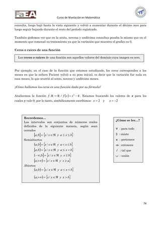 Curso de Nivelación en Matemática
74
consulta, luego bajó hasta la vista siguiente y volvió a aumentar durante el décimo mes para
luego seguir bajando durante el resto del período registrado.
También podemos ver que en la sexta, novena y undécima consultas pesaba lo mismo que en el
momento que comenzó su tratamiento ya que la variación que muestra el grafico es 0.
Ceros o raíces de una función
Por ejemplo, en el caso de la función que estamos estudiando, los ceros corresponden a los
meses en que la señora Pacient volvió a su peso inicial, es decir que la variación fue nula en
esos meses, lo que ocurrió al sexto, noveno y undécimo meses.
¿Cómo hallamos los ceros en una función dada por su fórmula?
Analicemos la función 𝑓: ℝ → ℝ /   42
 xxf . Estamos buscando los valores de x para los
cuales y vale 0; por lo tanto, simbólicamente escribimos: 2x y 2x
Los ceros o raíces de una función son aquellos valores del dominio cuya imagen es cero.
Recordemos…
Los intervalos son conjuntos de números reales
definidos de la siguiente manera, según sean
cerrados
   bxayxxba  /;
Semiabiertos
   bxayxxba  /;
   bxayxxba  /;
   bxyxxb  /;
   axyxxa  /;
Abiertos
   bxayxxba  /;
   bxyxxa  /;
   bxyxxb  /;
¿Cómo se lee…?
 : para todo
 : existe
 : pertenece
 : entonces
/ : tal que
 : unión
 