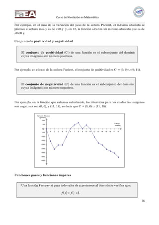 Curso de Nivelación en Matemática
76
Por ejemplo, en el caso de la variación del peso de la señora Pacient, el máximo absoluto se
produce el octavo mes y es de 750 g y, en 18, la función alcanza un mínimo absoluto que es de
-3500 g.
Conjunto de positividad y negatividad
Por ejemplo, en el caso de la señora Pacient, el conjunto de positividad es C+ = (6; 9)  (9; 11).
Por ejemplo, en la función que estamos estudiando, los intervalos para los cuales las imágenes
son negativas son (0; 6), y (11; 18), es decir que C- = (0; 6)  (11; 18).
Funciones pares y funciones impares
El conjunto de positividad (C+) de una función es el subconjunto del dominio
cuyas imágenes son número positivos.
El conjunto de negatividad (C-) de una función es el subconjunto del dominio
cuyas imágenes son número negativos.
Una función f es par si para todo valor de x pertenece al dominio se verifica que:
   xfxf  .
 