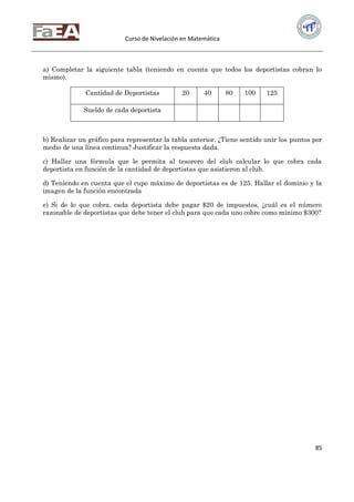 Curso de Nivelación en Matemática
85
a) Completar la siguiente tabla (teniendo en cuenta que todos los deportistas cobran lo
mismo).
Cantidad de Deportistas 20 40 80 100 125
Sueldo de cada deportista
b) Realizar un gráfico para representar la tabla anterior. ¿Tiene sentido unir los puntos por
medio de una línea continua? Justificar la respuesta dada.
c) Hallar una fórmula que le permita al tesorero del club calcular lo que cobra cada
deportista en función de la cantidad de deportistas que asistieron al club.
d) Teniendo en cuenta que el cupo máximo de deportistas es de 125. Hallar el dominio y la
imagen de la función encontrada
e) Si de lo que cobra, cada deportista debe pagar $20 de impuestos, ¿cuál es el número
razonable de deportistas que debe tener el club para que cada uno cobre como mínimo $300?
 