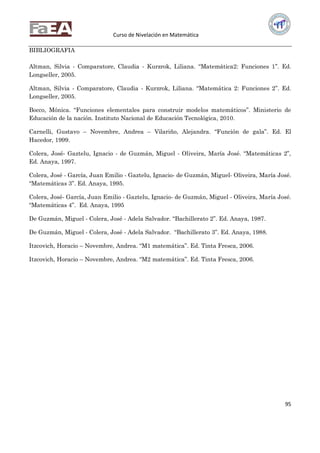 Curso de Nivelación en Matemática
95
BIBLIOGRAFIA
Altman, Silvia - Comparatore, Claudia - Kurzrok, Liliana. “Matemática2: Funciones 1”. Ed.
Longseller, 2005.
Altman, Silvia - Comparatore, Claudia - Kurzrok, Liliana. “Matemática 2: Funciones 2”. Ed.
Longseller, 2005.
Bocco, Mónica. “Funciones elementales para construir modelos matemáticos”. Ministerio de
Educación de la nación. Instituto Nacional de Educación Tecnológica, 2010.
Carnelli, Gustavo – Novembre, Andrea – Vilariño, Alejandra. “Función de gala”. Ed. El
Hacedor, 1999.
Colera, José- Gaztelu, Ignacio - de Guzmán, Miguel - Oliveira, María José. “Matemáticas 2”,
Ed. Anaya, 1997.
Colera, José - García, Juan Emilio - Gaztelu, Ignacio- de Guzmán, Miguel- Oliveira, María José.
“Matemáticas 3”. Ed. Anaya, 1995.
Colera, José- García, Juan Emilio - Gaztelu, Ignacio- de Guzmán, Miguel - Oliveira, María José.
“Matemáticas 4”. Ed. Anaya, 1995
De Guzmán, Miguel - Colera, José - Adela Salvador. “Bachillerato 2”. Ed. Anaya, 1987.
De Guzmán, Miguel - Colera, José - Adela Salvador. “Bachillerato 3”. Ed. Anaya, 1988.
Itzcovich, Horacio – Novembre, Andrea. “M1 matemática”. Ed. Tinta Fresca, 2006.
Itzcovich, Horacio – Novembre, Andrea. “M2 matemática”. Ed. Tinta Fresca, 2006.
 