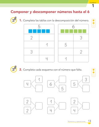 1
Cuaderno
13Números y operaciones
Componer y descomponer números hasta el 6
1. Completa las tablas con la descomposición del número.
2. Completa cada esquema con el número que falta.
5
2
1
3
4
6
3
5
2
1
1
4 6
5
3
5
2
2
1
4
2
4
C1_Mat_1B.indd 13 09-12-11 10:07
 