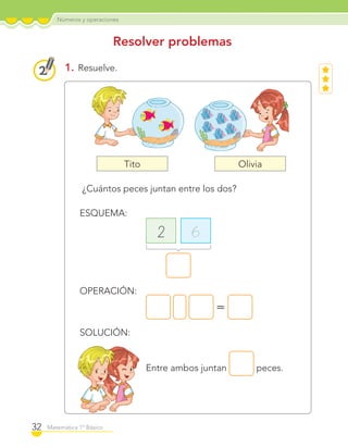 Números y operaciones
32 Matemática 1º Básico
Resolver problemas
1. Resuelve.
¿Cuántos peces juntan entre los dos?
ESQUEMA:
2 6
OPERACIÓN:
=
SOLUCIÓN:
Entre ambos juntan peces.
Tito Olivia
C1_Mat_1B.indd 32 09-12-11 11:13
 