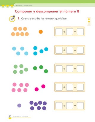 Números y operaciones
20 Matemática 1º Básico
Componer y descomponer el número 8
1. Cuenta y escribe los números que faltan.
+ =
+ =
+ =
+ =
+ =
C1_Mat_1B.indd 20 09-12-11 10:07
 