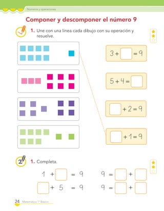 Números y operaciones
24 Matemática 1º Básico
1. Une con una línea cada dibujo con su operación y
resuelve.
1. Completa.
Componer y descomponer el número 9
1 + = 9
+ 5 = 9
9 = +
9 = +
+ 2= 9
+ 1= 9
5+ 4=
3+ = 9
C1_Mat_1B.indd 24 09-12-11 10:07
 