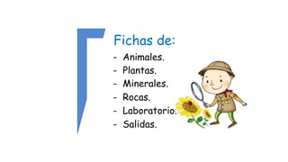Fichas de:
- Animales.
- Plantas.
- Minerales.
- Rocas.
- Laboratorio.
- Salidas.
 