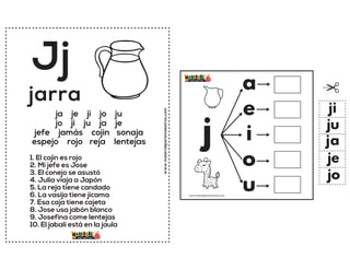 www.materialparamaestros.com
Jj
1. El cojín es rojo
2. Mi jefe es Jose
3. El conejo se asustó
4. Julia viaja a Japón
5. La reja tiene candado
6. La vasija tiene jícama
7. Esa caja tiene cajeta
8. Jose usa jabón blanco
9. Josefina come lentejas
10. El jabalí está en la jaula
jarra
ja je ji jo ju
jo ji ju ja je
jefe jamás cojin sonaja
espejo rojo reja lentejas j
a
e
i
o
u
ja
je
ji
jo
ju
www.materialparamaestros.com
 