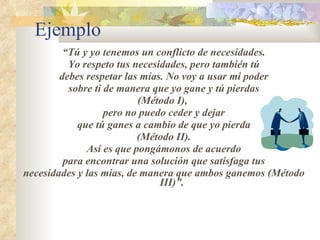 Ejemplo “ Tú y yo tenemos un conflicto de necesidades. Yo respeto tus necesidades, pero también tú debes respetar las mías. No voy a usar mi poder sobre ti de manera que yo gane y tú pierdas (Método I),  pero no puedo ceder y dejar que tú ganes a cambio de que yo pierda (Método II).  Así es que pongámonos de acuerdo para encontrar una solución que satisfaga tus necesidades y las mías, de manera que ambos ganemos (Método III)”. 