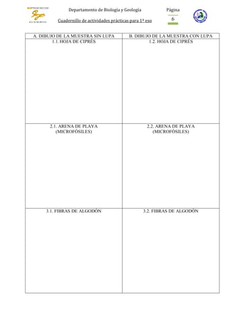 Departamento de Biología y Geología
Cuadernillo de actividades prácticas para 1º eso
Página
6
A. DIBUJO DE LA MUESTRA SIN LUPA B. DIBUJO DE LA MUESTRA CON LUPA
1.1. HOJA DE CIPRÉS 1.2. HOJA DE CIPRÉS
2.1. ARENA DE PLAYA
(MICROFÓSILES)
2.2. ARENA DE PLAYA
(MICROFÓSILES)
3.1. FIBRAS DE ALGODÓN 3.2. FIBRAS DE ALGODÓN
 