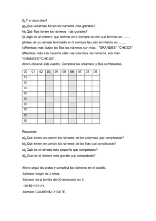 f)¿Y si saco diez?
g)¿Qué columnas tienen los números más grandes?
h)¿Qué filas tienen los números más grandes?
i)Luego de...