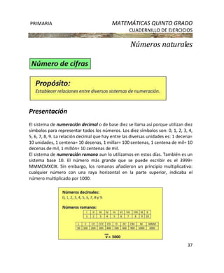 PRIMARIA MATEMÁTICAS QUINTO GRADO
CUADERNILLO DE EJERCICIOS
37
Números naturales
Presentación
El sistema de numeración decimal o de base diez se llama así porque utilizan diez
símbolos para representar todos los números. Los diez símbolos son: 0, 1, 2, 3, 4,
5, 6, 7, 8, 9. La relación decimal que hay entre las diversas unidades es: 1 decena=
10 unidades, 1 centena= 10 decenas, 1 millar= 100 centenas, 1 centena de mil= 10
decenas de mil, 1 millón= 10 centenas de mil.
El sistema de numeración romano aun lo utilizamos en estos días. También es un
sistema base 10. El número más grande que se puede escribir es el 3999=
MMMCMXCIX. Sin embargo, los romanos añadieron un principio multiplicativo:
cualquier número con una raya horizontal en la parte superior, indicaba el
número multiplicado por 1000.
 