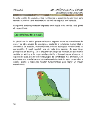 PRIMARIA MATEMÁTICAS SEXTO GRADO
CUADERNILLO DE EJERCICIOS
58
En esta sección de unidades, miles y milésimos se presenta dos ejercicios para
realizar, el primero tiene de contexto a las aves y el segundo a los venados.
El siguiente ejercicio puede ser empleado en el bloque II del libro de sexto grado
de matemáticas.
La pérdida de las selvas genera un impacto negativo sobre las comunidades de
aves, y de otros grupos de organismos, afectando o reduciendo la diversidad y
abundancia de especies, interrumpiendo procesos ecológicos y modificando su
composición. A nivel mundial, una de cada tres especies de aves tiene
poblaciones en declive y 11% se encuentra en peligro de extinción. En este mismo
sentido, en México se ha registrado la extinción o desaparición de al menos 11
especies de aves, siendo uno de los grupos de vertebrados más afectados. Con
este panorama se enfatiza avanzar en el conocimiento de las aves. Los estudios a
escalas locales y regionales resultan fundamentales para lograr un mayor
conocimiento.
 