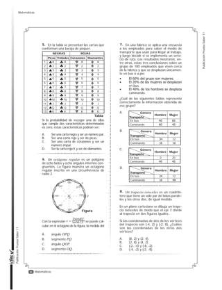 6
PublicaciónPruebaSaber11
PublicaciónPruebaSaber11
Matemáticas
En la tabla se presentan las cartas que
conforman una baraja de póquer.
Si la probabilidad de escoger una de ellas
que cumpla dos características determinadas
es cero, estas características podrían ser:
A. Ser una carta negra y ser un número par.
B. Ser una carta roja y ser de picas.
C. Ser una carta de corazones y ser un
número impar.
D. Ser la carta roja K y ser de diamantes.
1
2
3
4
5
6
7
8
9
10
11
12
13
A
2
3
4
5
6
7
8
9
10
J
Q
K
A
2
3
4
5
6
7
8
9
10
J
Q
K
A
2
3
4
5
6
7
8
9
10
J
Q
K
A
2
3
4
5
6
7
8
9
10
J
Q
K
Picas
NEGRAS ROJAS
DiamantesTréboles Corazones
Tabla
Un octágono regular es un polígono
de ocho lados y ocho ángulos internos con-
gruentes. La figura muestra un octágono
regular inscrito en una circunferencia de
radio 2.
Con la expresión se puede cal-
cular en el octágono de la figura, la medida del
A. ángulo OPQ.
B. segmento PQ.
C. ángulo QOP.
D. segmento OQ.
x =
2sen45°
sen67,5°
135°
135°
135°
135°
135°
135°
135°
67,5°
O
Q
P
Figura
En una fábrica se aplica una encuesta
a los empleados para saber el medio de
transporte que usan para llegar al trabajo,
y luego decidir si se implementa un servi-
cio de ruta. Los resultados mostraron, en-
tre otras, estas tres conclusiones sobre un
grupo de 100 empleados que viven cerca
de la fábrica y que se desplazan únicamen-
te en bus o a pie:
en bus.
caminando.
¿Cuál de las siguientes tablas representa
correctamente la información obtenida de
ese grupo?
Género
Hombre
En bus
Caminando
Mujer
Transporte
A.
Género
Hombre
En bus
Caminando
12
38
Mujer
Transporte
B.
Género
Hombre
En bus
Caminando
0 20
Mujer
Transporte
C.
Género
Hombre
En bus
Caminando
12
Mujer
Transporte
D.
Un trapecio isósceles es un cuadrilá-
tero que tiene un solo par de lados parale-
los y los otros dos, de igual medida.
En un plano cartesiano se dibuja un trape-
cio isósceles de modo que el eje Y divide
al trapecio en dos figuras iguales.
Si las coordenadas de dos de los vértices
del trapecio son (-4, 2) y (-2, 8), ¿Cuáles
son las coordenadas de los otros dos
vértices?
A. (8, 2) y (2, 4).
B. (2, 8) y (4, 2).
C. (-2, -4) y (-8, -2).
D. (-4, -2) y (-2, -8).
5.
6.
7.
8.
Matemáticas
 