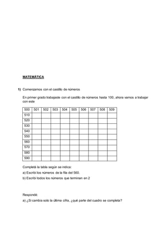 MATEMÁTICA
1) Comenzamos con el castillo de números
En primer grado trabajaste con el castillo de números hasta 100, ahora...
