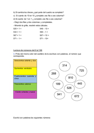 b) Si cambia los dieces ¿qué parte del cuadro se completa?
c) Si cuento de 10 en 10 ¿completo una fila o una columna?
d) S...