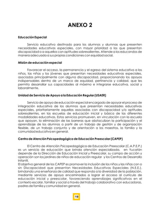 ANEXO 2
Educación Especial
Servicio educativo destinado para los alumnos y alumnas que presenten
necesidades educativas especiales, con mayor prioridad a los que presentan
discapacidad o a aquellos con aptitudes sobresalientes. Atiende a los educandos de
manera adecuada a sus propias condiciones con equidad social.
Misión de educación especial
Favorecer el acceso, la permanencia y el egreso del sistema educativo a los
niños, las niñas y los jóvenes que presentan necesidades educativas especiales,
asociadas principalmente con alguna discapacidad, proporcionando los apoyos
indispensables dentro de un marco de equidad, pertinencia y calidad, que les
permita desarrollar sus capacidades al máximo e integrarse educativa, social y
laboralmente.
Unidad de Servicio de Apoyo a la Educación Regular (USAER)
Servicio de apoyo de educación especial encargado de apoyar el proceso de
integración educativa de los alumnos que presentan necesidades educativas
especiales, prioritariamente aquellas asociadas con discapacidad y/o aptitudes
sobresalientes, en las escuelas de educación inicial y básica de las diferentes
modalidades educativas. Estos servicios promueven, en vinculación con la escuela
que apoyan, la eliminación de las barreras que obstaculizan la participación y el
aprendizaje de los alumnos a partir de un trabajo de gestión y de organización
ﬂexible, de un trabajo conjunto y de orientación a los maestros, la familia y la
comunidad educativa en general.
Centro de Atención Psicopedagógica de Educación Preescolar (CAPEP)
El Centro de Atención Psicopedagógica de Educación Preescolar (C.A.P.E.P.)
es un servicio de educación que brinda atención especializada, en Yucatán
depende de la Dirección de Educación Inicial y Preescolar, su campo de acción y
operación son los jardines de niños de educación regular y los Centros de Desarrollo
Infantil.
El objetivo general de los CAPEP es promover la inclusión de los niños y las niñas con o
sin Discapacidad que presentan Necesidades Educativas Especiales (N.E.E.),
brindando una enseñanza de calidad que responda a la diversidad de la población,
mediante servicios de apoyo encaminados a lograr el acceso al currículo de
educación inicial y preescolar, favoreciendo aprendizajes signiﬁcativos en el
contexto escolar, familiar y social a través del trabajo colaborativo con educadoras,
padres de familia y comunidad en general.
19
 