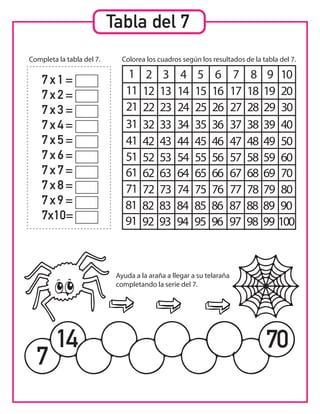 Tabla del 7
7 x 1 =
7 x 2 =
7 x 3 =
7 x 4 =
7 x 5 =
7 x 6 =
7 x 7 =
7 x 8 =
7 x 9 =
7x10=
Completa la tabla del 7.
Ayuda a la araña a llegar a su telaraña
completando la serie del 7.
7
14 70
1 2 3 4 5 6 7 8 9 10
11 12 13 14 15 16 17 18 19 20
21 22 23 24 25 26 27 28 29 30
31 32 33 34 35 36 37 38 39 40
41 42 43 44 45 46 47 48 49 50
51 52 53 54 55 56 57 58 59 60
61 62 63 64 65 66 67 68 69 70
71 72 73 74 75 76 77 78 79 80
81 82 83 84 85 86 87 88 89 90
91 92 93 94 95 96 97 98 99 100
Colorea los cuadros según los resultados de la tabla del 7.
 