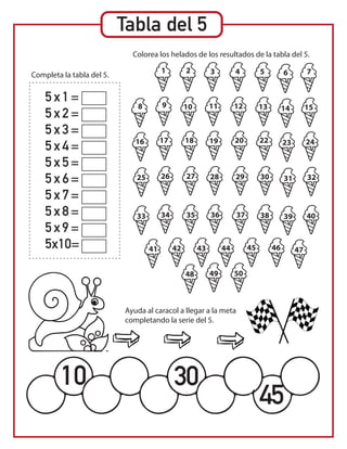Tabla del 5
5 x 1 =
5 x 2 =
5 x 3 =
5 x 4 =
5 x 5 =
5 x 6 =
5 x 7 =
5 x 8 =
5 x 9 =
5x10=
Completa la tabla del 5.
Colorea los helados de los resultados de la tabla del 5.
Ayuda al caracol a llegar a la meta
completando la serie del 5.
10 30
45
1 2 3 4 5 6 7
9 10 11 12 13 14 15
17 18 19 20 22 23 24
26 27 28 29 30 31 32
34 35 36 37 38 39 40
42
8
16
25
33
41 43
4948 50
44 45 46 47
 