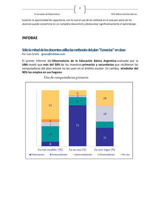 2

          III Jornadas de Matemática                                          ISFD Albino Sánchez Barros

tuvieron la oportunidad de capacitarse, con lo cual el uso de las netbook en el aula por parte de los
alumnos puede convertirse en un completo descontrol y obstaculizar significativamente el aprendizaje.




INFOBAE

Sólo la mitad de los docentes utiliza las netbooks del plan "Conectar" en clase
Por Juan Graña | jgrana@infobae.com

El primer informe del Observatorio de la Educación Básica Argentina realizado por la
UBA reveló que más del 50% de los maestros primarios y secundarios que recibieron las
computadoras del plan estatal no las usan en el ámbito escolar. En cambio, alrededor del
90% las emplea en sus hogares
 