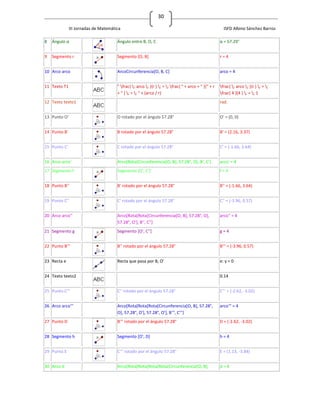 30

              III Jornadas de Matemática                                                                ISFD Albino Sánchez Barros

8   Ángulo α                          Ángulo entre B, O, C                                            α = 57.29°


9   Segmento r                        Segmento [O, B]                                                 r=4


10 Arco arco                          ArcoCircunferencia[O, B, C]                                     arco = 4


11 Texto T1                           " frac{ ; arco ; }{r } ; = ; frac{ " + arco + " }{" + r   frac{ ; arco ; }{r } ; = ;
                                      + " } ; = ; " + (arco / r)                                    frac{ 4 }{4 } ; = ; 1
12 Texto texto1                                                                                       rad.


13 Punto O'                           O rotado por el ángulo 57.28°                                   O' = (0, 0)


14 Punto B'                           B rotado por el ángulo 57.28°                                   B' = (2.16, 3.37)


15 Punto C'                           C rotado por el ángulo 57.28°                                   C' = (-1.66, 3.64)


16 Arco arco'                         Arco[Rota[Circunferencia[O, B], 57.28°, O], B', C']             arco' = 4
17 Segmento f                         Segmento [O', C']                                               f=4


18 Punto B''                          B' rotado por el ángulo 57.28°                                  B'' = (-1.66, 3.64)


19 Punto C''                          C' rotado por el ángulo 57.28°                                  C'' = (-3.96, 0.57)


20 Arco arco''                        Arco[Rota[Rota[Circunferencia[O, B], 57.28°, O],                arco'' = 4
                                      57.28°, O'], B'', C'']
21 Segmento g                         Segmento [O', C'']                                              g=4


22 Punto B'''                         B'' rotado por el ángulo 57.28°                                 B''' = (-3.96, 0.57)


23 Recta e                            Recta que pasa por B, O'                                        e: y = 0


24 Texto texto2                                                                                       0.14


25 Punto C'''                         C'' rotado por el ángulo 57.28°                                 C''' = (-2.62, -3.02)


26 Arco arco'''                       Arco[Rota[Rota[Rota[Circunferencia[O, B], 57.28°,               arco''' = 4
                                      O], 57.28°, O'], 57.28°, O'], B''', C''']
27 Punto D                            B''' rotado por el ángulo 57.28°                                D = (-2.62, -3.02)


28 Segmento h                         Segmento [O', D]                                                h=4


29 Punto E                            C''' rotado por el ángulo 57.28°                                E = (1.13, -3.84)


30 Arco d                             Arco[Rota[Rota[Rota[Rota[Circunferencia[O, B],                  d=4
 