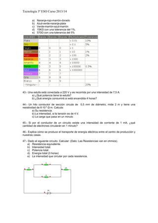 Tecnología 3º ESO Curso 2013/14
a) Naranja-rojo-marrón-dorado
b) Azul-verde-naranja-plata
c) Verde-marrón-azul-marrón
d) 1...