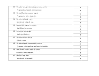 59. Me gustan las sugerencias de las personas que admiro
Me gusta estar encargado de otras personas
A
B
60. Me dejo influenciar mucho por la gente
Me gusta ser el centro de atención
A
B
61. Normalmente trabajo mucho
Normalmente trabajo de prisa
A
B
62. Cuando hablo, el grupo me escucha
Soy hábil con herramientas
A
B
63. Soy lento en hacer amigos
Soy lento en decidirme
A
B
64. Normalmente como de prisa
Disfruto leyendo
A
B
65. Me gusta el trabajo en donde puedo moverme
Me gusta el trabajo que tenga que hacerse con cuidado
A
B
66. Hago el mayor número posible de amigos
Encuentro lo que he guardado
A
B
67. Planifico a largo plazo
Normalmente soy agradable
A
B
 