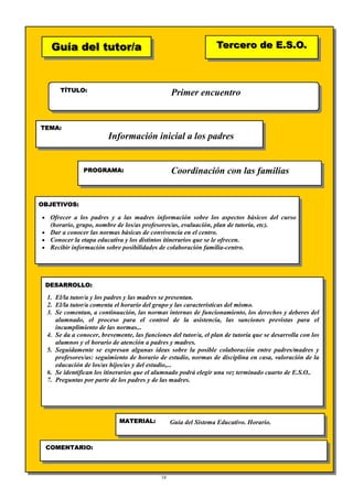18
Guía del tutor/aGuía del tutor/a
TÍTULO:
TEMA:
PROGRAMA:
OBJETIVOS:
DESARROLLO:
Tercero de E.S.O.Tercero de E.S.O.
MATERIAL:
COMENTARIO:
Primer encuentro
Información inicial a los padres
Coordinación con las familias
• Ofrecer a los padres y a las madres información sobre los aspectos básicos del curso
(horario, grupo, nombre de los/as profesores/as, evaluación, plan de tutoría, etc).
• Dar a conocer las normas básicas de convivencia en el centro.
• Conocer la etapa educativa y los distintos itinerarios que se le ofrecen.
• Recibir información sobre posibilidades de colaboración familia-centro.
1. El/la tutor/a y los padres y las madres se presentan.
2. El/la tutor/a comenta el horario del grupo y las características del mismo.
3. Se comentan, a continuación, las normas internas de funcionamiento, los derechos y deberes del
alumnado, el proceso para el control de la asistencia, las sanciones previstas para el
incumplimiento de las normas...
4. Se da a conocer, brevemente, las funciones del tutor/a, el plan de tutoría que se desarrolla con los
alumnos y el horario de atención a padres y madres.
5. Seguidamente se expresan algunas ideas sobre la posible colaboración entre padres/madres y
profesores/as: seguimiento de horario de estudio, normas de disciplina en casa, valoración de la
educación de los/as hijos/as y del estudio,...
6. Se identifican los itinerarios que el alumnado podrá elegir una vez terminado cuarto de E.S.O..
7. Preguntas por parte de los padres y de las madres.
Guía del Sistema Educativo. Horario.
 