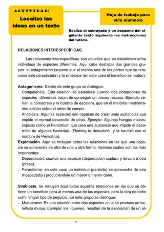 35
Localizo lasLocalizo las
ideas en un textoideas en un texto
Realiza el subrayado y un esquema del si-
guiente texto siguiendo las instrucciones
del tutor/a.
Hoja de trabajo para
el/la alumno/a
ACTIVIDADACTIVIDADACTIVIDAD:
RELACIONES INTERESPECÍFICAS.
Las relaciones interespecíficas son aquellas que se establecen entre
individuos de especies diferentes. Aquí cabe destacar dos grandes gru-
pos: el antagonismo (supone que al menos una de las partes que se rela-
ciona sale perjudicada) y la simbiosis (en este caso el beneficio es mutuo).
Antagonismo. Dentro de este grupo se distingue:
− Competencia. Esta relación se establece cuando dos poblaciones de
especies diferentes tratan de conseguir un mismo recurso. Ejemplo se-
rían la comadreja y la culebra de escalera, que en el matorral mediterrá-
neo actúan sobre el ratón de campo.
− Antibiosis. Algunas especies son capaces de crear unas sustancias que
impide el normal desarrollo de otras. Ejemplo: Algunos hongos micros-
cópicos como el Penicillium que crea una sustancia que impide el desa-
rrollo de algunas bacterias. (Fleming la descubrió y la bautizó con el
nombre de Penicilina).
Explotación. Aquí se incluyen todas las relaciones en las que una espe-
cie se aprovecha de otra de una u otra forma. Veamos cuáles son las más
importantes:
− Depredación: cuando una especie (depredador) captura y devora a otra
(presa).
− Parasitismo: en este caso un individuo (parásito) se aprovecha de otro
(hospedador) produciéndole un mayor o menor daño.
Simbiosis. Se incluyen aquí todas aquellas relaciones en las que se ob-
tiene un beneficio para al menos una de las especies, pero la otra no debe
sufrir ningún tipo de perjuicio. En este grupo se distingue:
− Mutualismo. Es una relación entre dos especies en la se produce un be-
neficio mutuo. Ejemplo: los líquenes, resultan de la asociación de un al-
 
