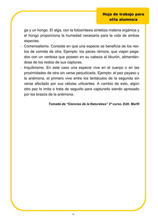 36
ga y un hongo. El alga, con la fotosíntesis sintetiza materia orgánica y
el hongo proporciona la humedad necesaria para la vida de ambas
especies.
− Comensalismo. Consiste en que una especie se beneficia de los res-
tos de comida de otra. Ejemplo: los peces rémora, que viajan pega-
dos con un ventosa que poseen en su cabeza al tiburón, alimentán-
dose de los restos de sus capturas.
− Inquilinismo. En este caso una especie vive en el cuerpo o en las
proximidades de otra sin verse perjudicada. Ejemplo: el pez payaso y
la anémona, el primero vive entre los tentáculos de la segunda sin
verse afectado por sus células urticantes. A cambio de esto, algún
otro pez lo imita o trata de seguirlo para capturarlo siendo apresado
por los brazos de la anémona.
Tomado de “Ciencias de la Naturaleza” 3º curso. Edit. Marfil
Hoja de trabajo para
el/la alumno/a
 