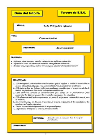 3
Guía del tutor/aGuía del tutor/a
TÍTULO:
TEMA:
PROGRAMA:
OBJETIVOS:
DESARROLLO:
Tercero de E.S.O.Tercero de E.S.O.
MATERIAL:
COMENTARIO:
El/la Delegado/a informa
Post-evaluación
Autoevaluación
• Informar sobre los temas tratados en la anterior sesión de evaluación.
• Reflexionar sobre los resultados obtenidos en la primera evaluación.
• Realizar una propuesta de mejora personal para afrontar el segundo trimestre.
1. El/la Delegado/a comentará las conclusiones a que se llegó en la sesión de evaluación en
cuanto a la actitud del grupo y su responsabilidad en el rendimiento académico.
2. El/la tutor/a dará un informe sobre los resultados obtenidos por el grupo con el fin de
revisar los problemas detectados en la primera evaluación.
3. Cada alumno/a revisará la autoevaluación que realizó en la preevaluación para
comprobar las diferencias entre los resultados esperados y los obtenidos.
4. El/la alumno/a realizará una propuesta personal de mejora que entregará al tutor/a para
su revisión.
5. En pequeño grupo se debaten propuestas de mejora en función de los resultados y las
opiniones del equipo educativo.
6. Puesta en común sobre propuestas de mejora del grupo
7. La propuesta de mejora se revisará periódicamente.
Acta de la sesión de evaluación. Hoja de trabajo de
preevaluación.
 