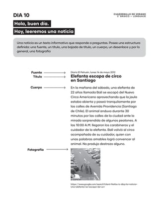 CUADERNILLO DE VERANO
3 ̊ Básico — Lenguaje
DIA 10
Hola, buen día.
Hoy, leeremos una noticia
Una noticia es un texto informativo que responde a preguntas. Posee una estructura
definida: una fuente, un título, una bajada de título, un cuerpo, un desenlace y por lo
general, una fotografía
Diario El Pehuén, lunes 14 de mayo 2012
Elefanta escapa de circo
en Santiago
En la mañana del sábado, una elefanta de
22 años llamada Bali se escapó del Nuevo
Circo Americano aprovechando que la jaula
estaba abierta y paseó tranquilamente por
las calles de Avenida Providencia (Santiago
de Chile). El animal anduvo durante 30
minutos por las calles de la ciudad ante la
mirada sorprendida de algunos peatones. A
las 10:00 A.M. llegaron los carabineros y el
cuidador de la elefanta. Bali volvió al circo
acompañada de su cuidador, quien con
unas palabras amables logró convencer al
animal. No produjo destrozo alguno.
https://www.google.com/search?client=firefox-b-d&q=la+noticia+
Una+elefanta+se+escapa+de+un+
Fuente
Título
Cuerpo
Fotografía
 