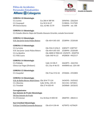 Póliza de Accidentes
Personales Estudiantiles


COMUNA 10 Odontología
C.S. Loreto                           Cra 28A # 38F-84           2696946 - 2262264
C.S. Guayaquil                        Cra 50 # 44-27             5138026 - 5117505
IPS Universitaria                     CLL. 62 NO. 52 59          5166990 ext. 100

COMUNA 11 Odontología
C.S. Estadio Abierto: Bajos del Estadio Atanasio Girardot, costado Suroriental

COMUNA 12 Odontología
U.H. San Javier Jesús Peláez Botero         Clle 40 # 105-103    2538994 - 2520100

COMUNA 13 Odontología
C.S. La Loma                                Clle 55A # 125A-5 4385477- 4387767
U.H. San Javier Jesús Peláez Botero         Clle 40 # 105-103 2538994 - 2520100
C.S. La Quiebra                             Clle 48DD # 99EE-03 2529475 - 4920794
C.S. Villa Laura                            Calle 34D 91-23    4920838 - 4922117

COMUNA 14 Odontología
C.S. Poblado                                Calle 14 43b-9       2662875 – 2661941
Clínica Las Vegas (Oralaser)                Cll. 2 Sur # 46-55   4440840 ext. 120-140

COMUNA 15 Odontología
C.S. Guayabal                               Clle 9 Sur # 52-42   2550606 - 2552804

COMUNA 16 Odontología
U.H. de Belén Héctor Abad Gómez Clle 28 # 77-124                 3434595 - 3435432
C.S. Altavista                  Calle 18 No. 105-15              3411341- 3472811
C.S. Trinidad                   Clle 27 # 65D-49                 2650068 - 2652632

Corregimientos
San Antonio de Prado Odontología
UH San Antonio de Prado
C.S. El Limonar               Cra 3A Este # 4DD-50               2868705 - 2864111

San Cristóbal Odontología
U.H.San Cristóbal Leonardo Betancur         Clle 63 # 130-44     4270972- 4270629
 