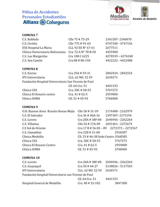 Póliza de Accidentes
Personales Estudiantiles



COMUNA 7
C.S. Robledo                        Clle 75 # 75-29          2341587- 2340070
C.S. Civitón                        Clle 77C # 91-65         4747340 - 4747156
ESE Hospital La Maria               CLL 92 EE N° 67-61       2677511
Clínica Universitaria Bolivariana   Cra. 72 A N° 78 B-50     4455900
C.S. Las Margaritas                 Cra 108 C 6225           4270539 – 4274248
C.S. San Camilo                     Cra 88 # 80-150          4422222 - 4422488

COMUNA 8
C.S. Enciso                       Cra 29A # 59-31            2842434 - 2842554
IPS Universitaria                 CLL. 62 NO. 52 59          2630171
Fundación Hospital Universitario San Vicente de Paul
                                  Cll. 64 Cra. 51            4441333
Clínica CES                       Cra. 50C # 58-55           5767272
Clínica El Rosario centro         Cra. 41 # 62-5             2959000
Clínica SOMA                      Cll. 51 # 45-93            5768400

COMUNA 9
U.H. Buenos Aires Braulio Henao Mejía     Clle 50 # 31-39      2174480 - 2162979
C.S. El Salvador                          Cra 36 # 40A-16      2397307- 2173194
C.S. Loreto                               Cra 28A # 38F-84 2696946 - 2262264
C.S. Villatina                            Clle 54 # 17A-09     2691461 - 2272674
C.S Sol de Oriente                        Cra 17 B # 56 EE – 89 2272373 – 2272567
C.S. Llanaditas                           Cra 22B # 21-68             2926587
Clínica Medellín                          Cll. 53 # 46-38 Sede Centro 3568585
Clínica CES                               Cra. 50C # 58-55            5767272
Clínica El Rosario Centro                 Cra. 41 # 62-5              2959000
Clínica SOMA                              Cll. 51 # 45-93             5768400

COMUNA 10
C.S. Loreto                              Cra 28A # 38F-84    2696946 - 2262264
C.S. Guayaquil                           Cra 50 # 44-27      5138026 - 5117505
IPS Universitaria                        CLL. 62 NO. 52 59   2630171
Fundación hospital Universitario san Vicente de Paul
                                         Cll. 64 Cra. 51     4441333
Hospital General de Medellín             Cra. 48 # 32-102         3847300
 