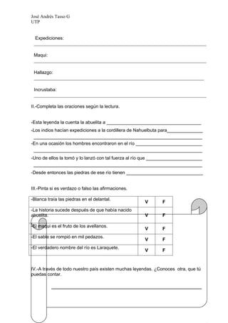 José Andrés Tasso G
UTP


  Expediciones:
 ___________________________________________________________________________
 ____________________________________________________________________
 Maqui:
 ___________________________________________________________________________

 Hallazgo:
 __________________________________________________________________________

 Incrustaba:
 ___________________________________________________________________________

II.-Completa las oraciones según la lectura.


-Esta leyenda la cuenta la abuelita a _____________________________________
-Los indios hacían expediciones a la cordillera de Nahuelbuta para______________
 __________________________________________________________________
-En una ocasión los hombres encontraron en el río __________________________
 __________________________________________________________________
-Uno de ellos la tomó y lo lanzó con tal fuerza al río que ______________________
 __________________________________________________________________
-Desde entonces las piedras de ese río tienen ______________________________


III.-Pinta si es verdazo o falso las afirmaciones.

-Blanca traía las piedras en el delantal.
                                                     V        F
-La historia sucede después de que había nacido
abuelita.                                            V        F

-El maqui es el fruto de los avellanos.
                                                     V        F
-El sable se rompió en mil pedazos.
                                                     V        F
-El verdadero nombre del río es Laraquete.
                                                     V        F



IV.-A través de todo nuestro país existen muchas leyendas. ¿Conoces otra, que tú
puedas contar.

          ____________________________________________
 
