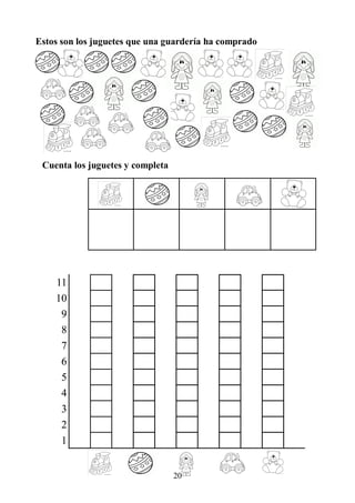 20
Estos son los juguetes que una guardería ha comprado
Cuenta los juguetes y completa
11
10
9
8
7
6
5
4
3
2
1
11
10
9
8
7
6
5
4
3
2
1
 