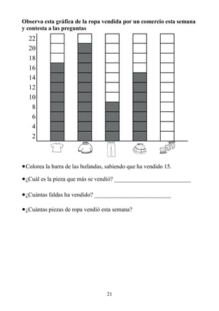 21
Observa esta gráfica de la ropa vendida por un comercio esta semana
y contesta a las preguntas
22
20
18
16
14
12
10
8
6
4
2
Colorea la barra de las bufandas, sabiendo que ha vendido 15.
¿Cuál es la pieza que más se vendió? __________________________
¿Cuántas faldas ha vendido? __________________________
¿Cuántas piezas de ropa vendió esta semana?
 