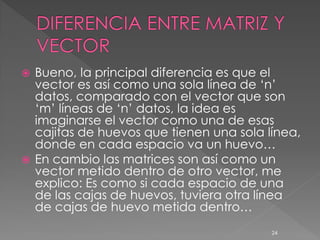  Bueno, la principal diferencia es que el
  vector es así como una sola línea de „n‟
  datos, comparado con el vector que son
  „m‟ líneas de „n‟ datos, la idea es
  imaginarse el vector como una de esas
  cajitas de huevos que tienen una sola línea,
  donde en cada espacio va un huevo…
 En cambio las matrices son así como un
  vector metido dentro de otro vector, me
  explico: Es como si cada espacio de una
  de las cajas de huevos, tuviera otra línea
  de cajas de huevo metida dentro…
                                         24
 