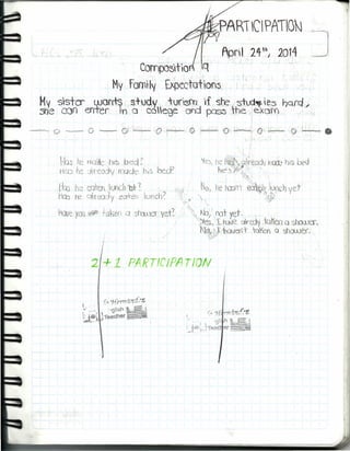1 PARTlCIPATlON -J-
, I
April 24lb, 2014 .. .
Compo~to I q
MV Familv Expectat íoos
Mv sster uorrrs s+odv 1"Ur"ISfn 'If sbe stcd~ ,es nQrcI /
3he CQn enter in a coege ard pass rbe exorn
- -
~ o - o - O' --:- O ~ o - 'O ~ o .-- Q __1-_
I
Ho~ ~ Tn3 e hl'f> bed ~
Hc:t> he ;::üreody QQcJe h.s bcd?
M03 h eoten unch 1,)+~ '
~ I'R qlrrody eo+en uf)ch~
lioue. yOtl ~ + ken Q sbaoer yd-:
I
'11::0, he Pé-~¡irectdV trOj; l')rs bc~
he'J"fo,' _ _, ")
>'.,
. ',: NoJ he lus()i edt ~ u0ch 'f'CJ
. ~'í-
t  "f l. f""
-,' , -,
' No," ro+ yet.
>;fe~1T ral2. alred.v tQhen Q ~houJer.
. No¡ l¡-laJen'- -m~er) Q sf)OUJer.
+1 R RTICIA TI N
 