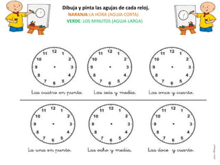 Dibuja y pinta las agujas de cada reloj.
NARANJA:LA HORA (AGUJA CORTA)
VERDE: LOS MINUTOS (AGUJA LARGA)
LauraAstorquia
 