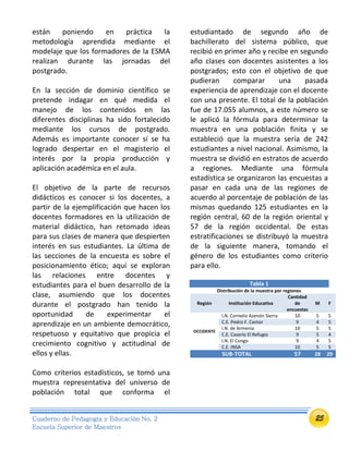 25Cuaderno de Pedagogía y Educación No. 2
Escuela Superior de Maestros
están poniendo en práctica la
metodología aprendida mediante el
modelaje que los formadores de la ESMA
realizan durante las jornadas del
postgrado.
En la sección de dominio científico se
pretende indagar en qué medida el
manejo de los contenidos en las
diferentes disciplinas ha sido fortalecido
mediante los cursos de postgrado.
Además es importante conocer sí se ha
logrado despertar en el magisterio el
interés por la propia producción y
aplicación académica en el aula.
El objetivo de la parte de recursos
didácticos es conocer si los docentes, a
partir de la ejemplificación que hacen los
docentes formadores en la utilización de
material didáctico, han retomado ideas
para sus clases de manera que despierten
interés en sus estudiantes. La última de
las secciones de la encuesta es sobre el
posicionamiento ético; aquí se exploran
las relaciones entre docentes y
estudiantes para el buen desarrollo de la
clase, asumiendo que los docentes
durante el postgrado han tenido la
oportunidad de experimentar el
aprendizaje en un ambiente democrático,
respetuoso y equitativo que propicia el
crecimiento cognitivo y actitudinal de
ellos y ellas.
Como criterios estadísticos, se tomó una
muestra representativa del universo de
población total que conforma el
estudiantado de segundo año de
bachillerato del sistema público, que
recibió en primer año y recibe en segundo
año clases con docentes asistentes a los
postgrados; esto con el objetivo de que
pudieran comparar una pasada
experiencia de aprendizaje con el docente
con una presente. El total de la población
fue de 17.055 alumnos, a este número se
le aplicó la fórmula para determinar la
muestra en una población finita y se
estableció que la muestra sería de 242
estudiantes a nivel nacional. Asimismo, la
muestra se dividió en estratos de acuerdo
a regiones. Mediante una fórmula
estadística se organizaron las encuestas a
pasar en cada una de las regiones de
acuerdo al porcentaje de población de las
mismas quedando 125 estudiantes en la
región central, 60 de la región oriental y
57 de la región occidental. De estas
estratificaciones se distribuyó la muestra
de la siguiente manera, tomando el
género de los estudiantes como criterio
para ello.
Tabla 1
Distribución de la muestra por regiones
Región Institución Educativa
Cantidad
de
encuestas
M F
OCCIDENTE
I.N. Cornelio Azenón Sierra 10 5 5
C.E. Pedro F. Cantor 9 4 5
I.N. de Armenia 10 5 5
C.E. Caserío El Refugio 9 5 4
I.N. El Congo 9 4 5
C.E. INSA 10 5 5
SUB-TOTAL 57 28 29
 